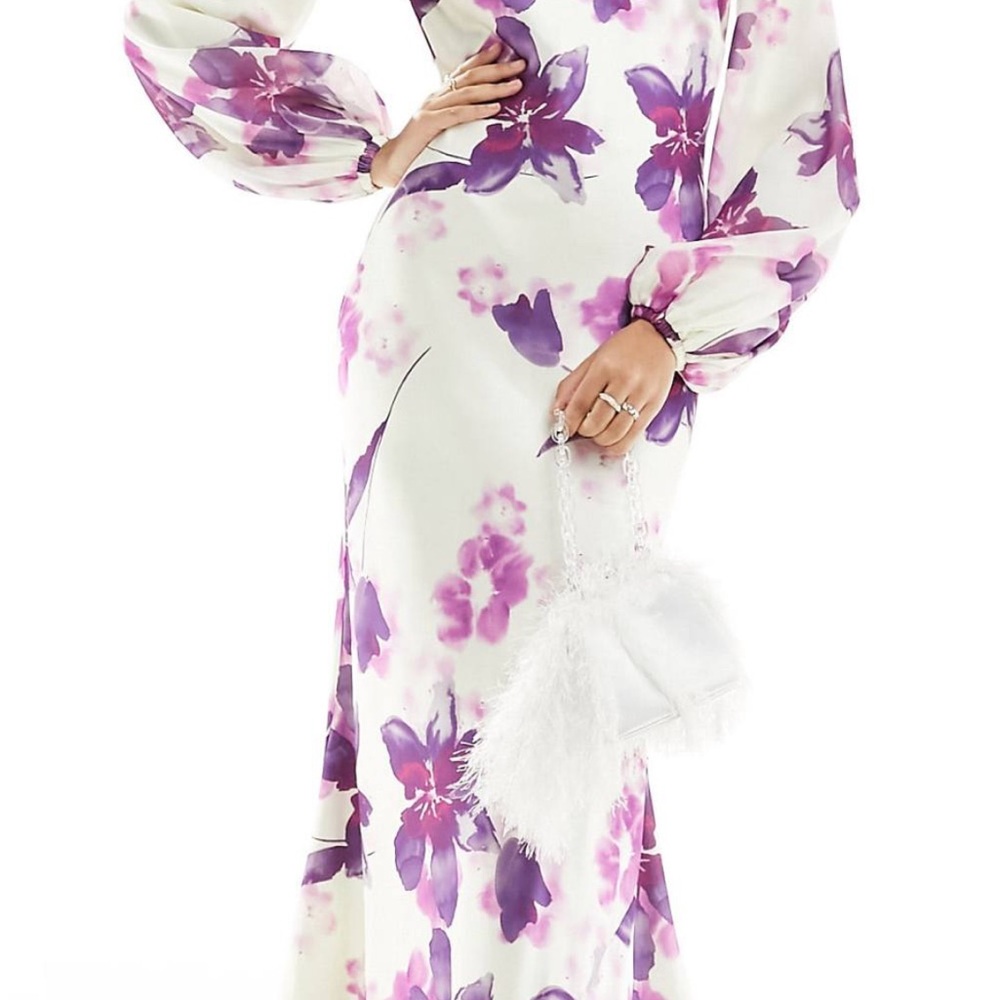 ASOS Design Satin Floral Purple and White Maxi Dress